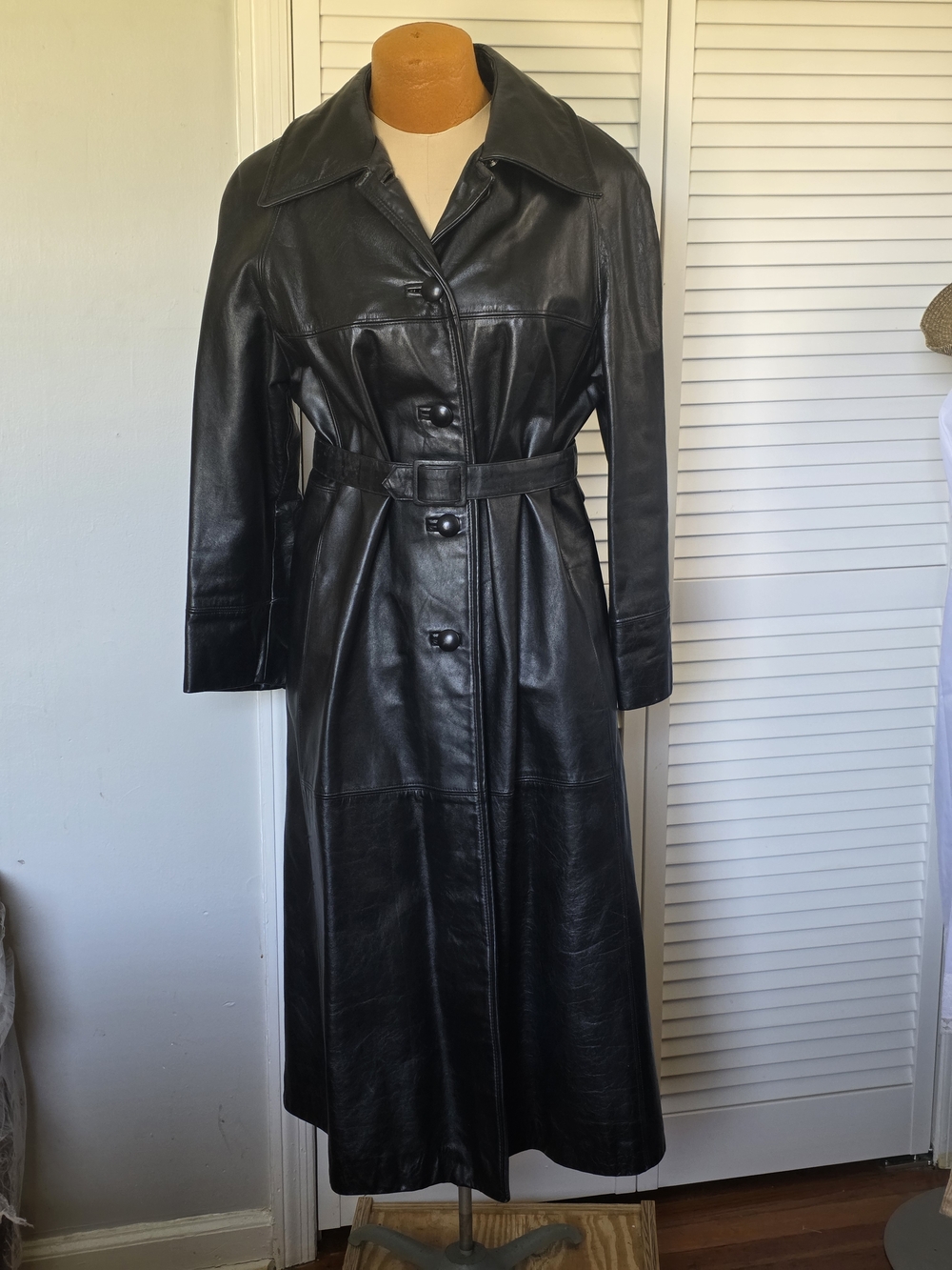 Vintage Ms. Courtney Genuine Leather Trench Coat Black Belted Union Made USA